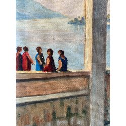 QUADRO DIPINTO OLIO TELA PAESAGGIO LAGO MAGGIORE ROCCA CASTELLO ANGERA ARONA '66