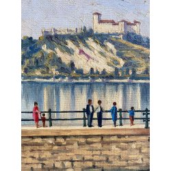 QUADRO DIPINTO OLIO TELA PAESAGGIO LAGO MAGGIORE ROCCA CASTELLO ANGERA ARONA '66