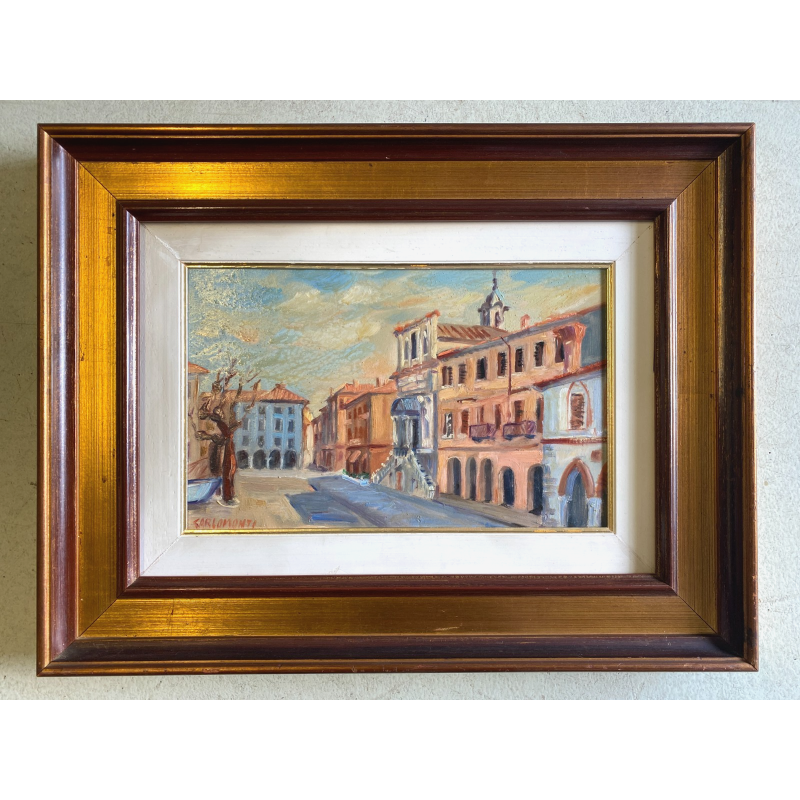 DIPINTO OLIO TAVOLA Carlo Monti PAESAGGIO P.zza DEL Popolo ARONA LAGO MAGGIORE