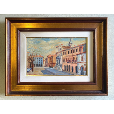 DIPINTO OLIO TAVOLA Carlo Monti PAESAGGIO P.zza DEL Popolo ARONA LAGO MAGGIORE