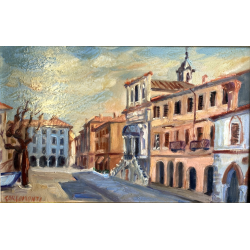 DIPINTO OLIO TAVOLA Carlo Monti PAESAGGIO P.zza DEL Popolo ARONA LAGO MAGGIORE