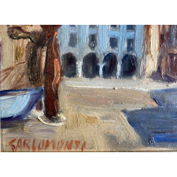 DIPINTO OLIO TAVOLA Carlo Monti PAESAGGIO P.zza DEL Popolo ARONA LAGO MAGGIORE