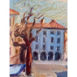 DIPINTO OLIO TAVOLA Carlo Monti PAESAGGIO P.zza DEL Popolo ARONA LAGO MAGGIORE