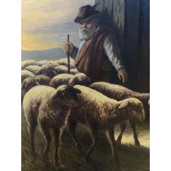 ANTICO QUADRO OLIO B. Russin SCENA GENERE PASTORE GREGGE PECORE OVILE TRAMONTO