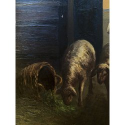 ANTICO QUADRO OLIO B. Russin SCENA GENERE PASTORE GREGGE PECORE OVILE TRAMONTO