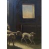 ANTICO QUADRO OLIO B. Russin SCENA GENERE PASTORE GREGGE PECORE OVILE TRAMONTO