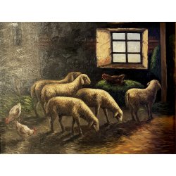 ANTICO QUADRO OLIO B. Russin SCENA di GENERE INTERNO OVILE PECORE GALLINE FIENO