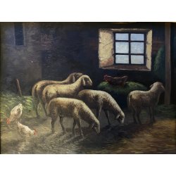 ANTICO QUADRO OLIO B. Russin SCENA di GENERE INTERNO OVILE PECORE GALLINE FIENO