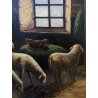 ANTICO QUADRO OLIO B. Russin SCENA di GENERE INTERNO OVILE PECORE GALLINE FIENO