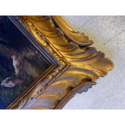 ANTICO QUADRO OLIO B. Russin SCENA di GENERE INTERNO OVILE PECORE GALLINE FIENO