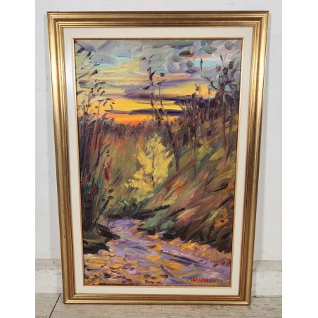 QUADRO DIPINTO olio tela Carlo Monti PAESAGGIO TRAMONTO d' INVERNO Lago Maggiore