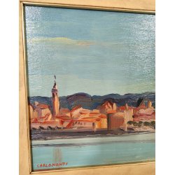 QUADRO DIPINTO olio tela Carlo Monti PAESAGGIO Arona Lago Maggiore PANORAMICO