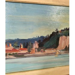 QUADRO DIPINTO olio tela Carlo Monti PAESAGGIO Arona Lago Maggiore PANORAMICO