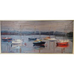 QUADRO DIPINTO olio tela Carlo Monti PAESAGGIO PANORAMICO BARCHE Lago Maggiore