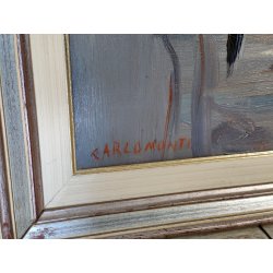 QUADRO DIPINTO olio tela Carlo Monti PAESAGGIO PANORAMICO BARCHE Lago Maggiore