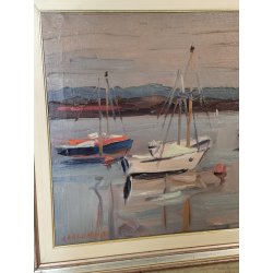 QUADRO DIPINTO olio tela Carlo Monti PAESAGGIO PANORAMICO BARCHE Lago Maggiore
