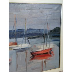 QUADRO DIPINTO olio tela Carlo Monti PAESAGGIO PANORAMICO BARCHE Lago Maggiore