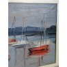 QUADRO DIPINTO olio tela Carlo Monti PAESAGGIO PANORAMICO BARCHE Lago Maggiore