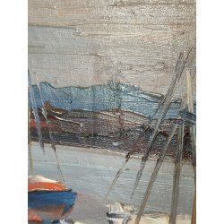 QUADRO DIPINTO olio tela Carlo Monti PAESAGGIO PANORAMICO BARCHE Lago Maggiore