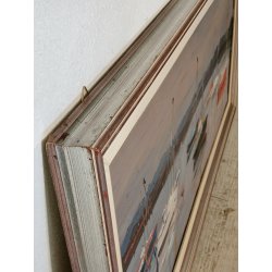 QUADRO DIPINTO olio tela Carlo Monti PAESAGGIO PANORAMICO BARCHE Lago Maggiore