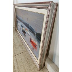 QUADRO DIPINTO olio tela Carlo Monti PAESAGGIO PANORAMICO BARCHE Lago Maggiore