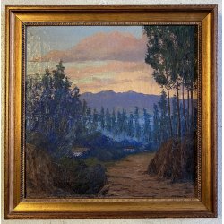 DIPINTO OLIO TELA PAESAGGIO BOSCHIVO SENTIERO TRAMONTO CREPUSCOLO '800