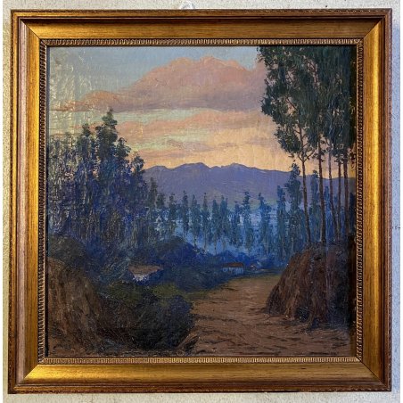 DIPINTO OLIO TELA PAESAGGIO BOSCHIVO SENTIERO TRAMONTO CREPUSCOLO '800