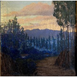 DIPINTO OLIO TELA PAESAGGIO BOSCHIVO SENTIERO TRAMONTO CREPUSCOLO '800