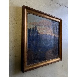 DIPINTO OLIO TELA PAESAGGIO BOSCHIVO SENTIERO TRAMONTO CREPUSCOLO '800