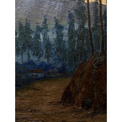 DIPINTO OLIO TELA PAESAGGIO BOSCHIVO SENTIERO TRAMONTO CREPUSCOLO '800