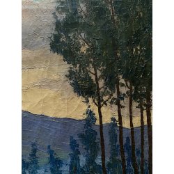 DIPINTO OLIO TELA PAESAGGIO BOSCHIVO SENTIERO TRAMONTO CREPUSCOLO '800