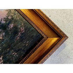 DIPINTO OLIO TELA PAESAGGIO BOSCHIVO SENTIERO TRAMONTO CREPUSCOLO '800