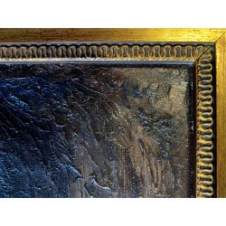 DIPINTO OLIO TELA PAESAGGIO BOSCHIVO SENTIERO TRAMONTO CREPUSCOLO '800