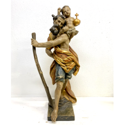 SCULTURA SAN CRISTOFORO BAMBINO GESU LEGNO SCOLPITO DIPINTO DORATO 63 cm/h '900