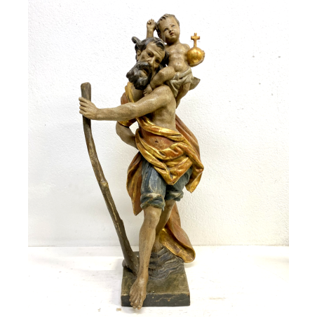 SCULTURA SAN CRISTOFORO BAMBINO GESU LEGNO SCOLPITO DIPINTO DORATO 63 cm/h '900
