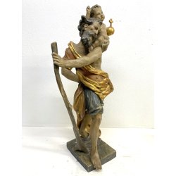 SCULTURA SAN CRISTOFORO BAMBINO GESU LEGNO SCOLPITO DIPINTO DORATO 63 cm/h '900