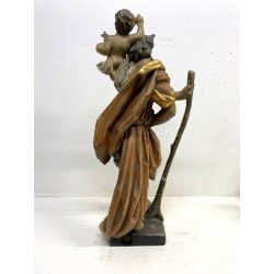 SCULTURA SAN CRISTOFORO BAMBINO GESU LEGNO SCOLPITO DIPINTO DORATO 63 cm/h '900