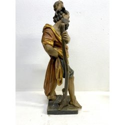 SCULTURA SAN CRISTOFORO BAMBINO GESU LEGNO SCOLPITO DIPINTO DORATO 63 cm/h '900