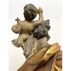 SCULTURA SAN CRISTOFORO BAMBINO GESU LEGNO SCOLPITO DIPINTO DORATO 63 cm/h '900