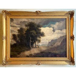 QUADRO DIPINTO OLIO FIRMATO C. Federico PAESAGGIO NATURALE SELVA SENTIERO '800