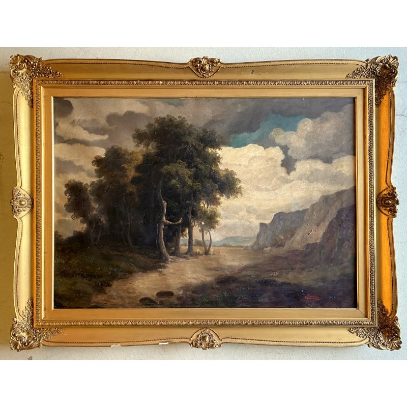 QUADRO DIPINTO OLIO FIRMATO C. Federico PAESAGGIO NATURALE SELVA SENTIERO '800