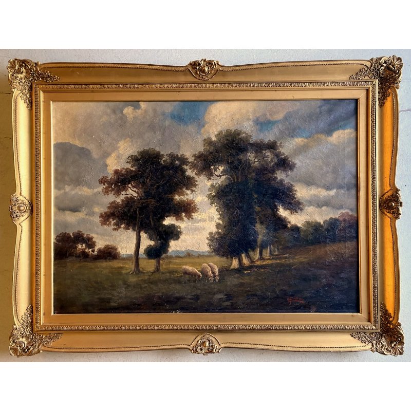 QUADRO DIPINTO OLIO FIRMATO C. Federico PAESAGGIO PASTORALE SELVA PECORE '800