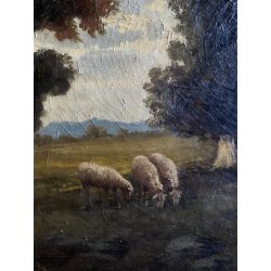 QUADRO DIPINTO OLIO FIRMATO C. Federico PAESAGGIO PASTORALE SELVA PECORE '800