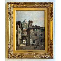 ANTICO DIPINTO OLIO A. Tominetti "Paese Montano" CERVINO ALPI BORGO CONTADINO