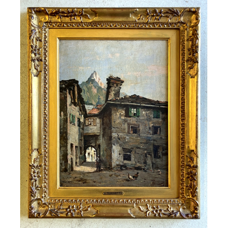 ANTICO DIPINTO OLIO A. Tominetti "Paese Montano" CERVINO ALPI BORGO CONTADINO