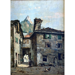 ANTICO DIPINTO OLIO A. Tominetti "Paese Montano" CERVINO ALPI BORGO CONTADINO