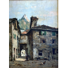 ANTICO DIPINTO OLIO A. Tominetti "Paese Montano" CERVINO ALPI BORGO CONTADINO