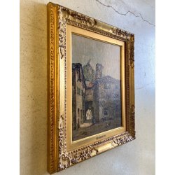 ANTICO DIPINTO OLIO A. Tominetti "Paese Montano" CERVINO ALPI BORGO CONTADINO