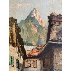 ANTICO DIPINTO OLIO A. Tominetti "Paese Montano" CERVINO ALPI BORGO CONTADINO