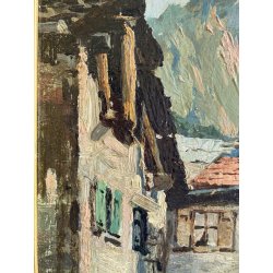 ANTICO DIPINTO OLIO A. Tominetti "Paese Montano" CERVINO ALPI BORGO CONTADINO